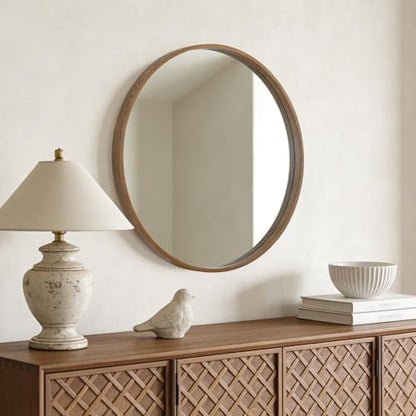 WallBeyond Circle Mirror with Wood Frame, 28" Round Modern Decoration Large Home Decor Mirror for Bathroom Living Room Bedroom Entryway (28" Diameter, Walnut)