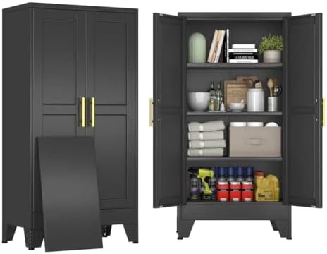 47" Black Metal Storage Cabinet with 2 Doors and 3 Adjustable Shelves,Steel Garage Tool Cabinet, File Cabinet,Kitchen Pantry Cabinet for Home,Office,Garage,School,Warehouse