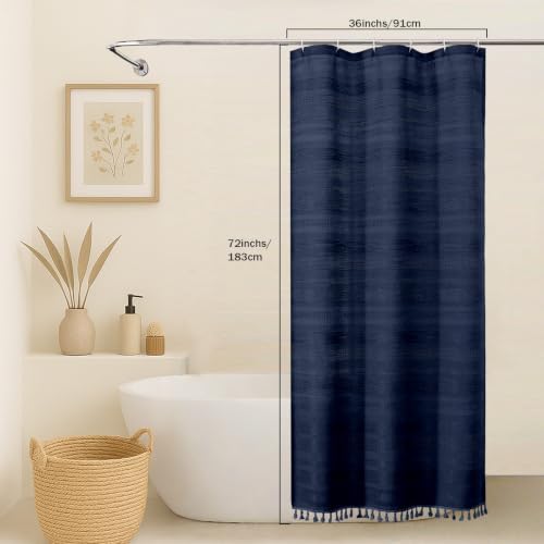 OVZME Navy Blue Boho Stall Shower Curtain, Narrow Soft Fabric Striped Linen Textured Bathroom Shower Curtain with Tassel, Modern Farmhouse Machine Washable, Bath Decor, 36Wx72L Inches