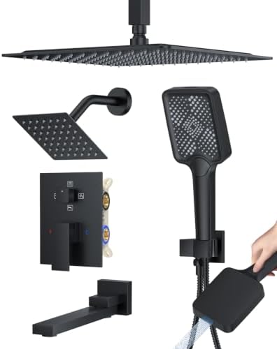 Woindo 4 Function Shower Faucet Set 12" Rain Shower Head/6'' Side Shower Head and 3 Setting Handheld Ceiling Mount Push Button Diverter Complete Rainfall Round Shower System Included Valve Trim Kit