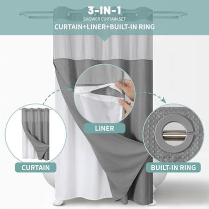 eachope No Hook Waffle Shower Curtain with Snap-in Liner, 54x74 Inch, Grey