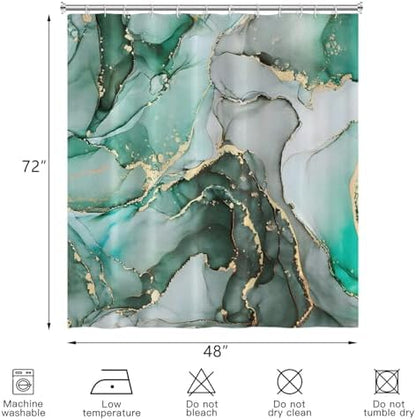 Green Marble Shower Curtain, Modern Abstract Luxury Green Gold Ink Texture Watercolor Art Bathroom Curtains Ombre Machine Washable Waterproof Fabric Bathtub Curtain Set with Hooks 48" Wx72 L