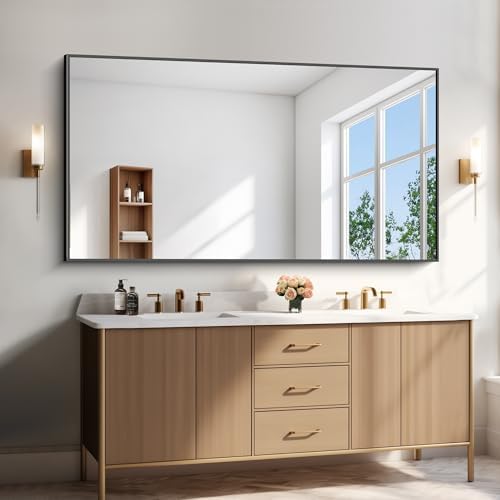 BONEWEI Bathroom Mirror,72x36 inch Bathroom Mirrors for Over Sink,Large Wall Mirror for Bathroom Wall Mounted Rectangle Mirrors,Black Vanity Mirror for Living Room,Bedroom Entryway,Horizontal/Vertical