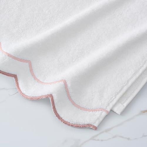 Peri Home 100% Cotton Hand Towel for Bathroom, Embroidered, Soft & Absorbent, 500 GSM, 1 Piece, 16" x 27", White with Blush Scallop | Bathroom, Embroidered, Soft & Absorbent