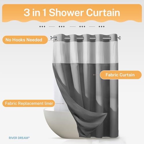 River Dream Heavyweight Waffle No Hook Shower Curtain with Liner,Gray,71x74