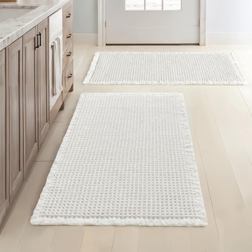 MIULEE Set of 2 Waffle Bathroom Rugs Boho Bath Mat White 24x36 Inch