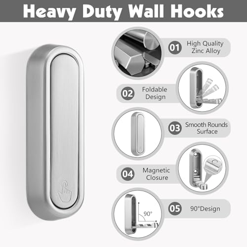 Folding Wall Hooks, 6 Pack, Silver, Zinc Alloy, Heavy Duty Coat Hooks