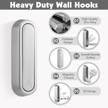Folding Wall Hooks, 6 Pack, Silver, Zinc Alloy, Heavy Duty Coat Hooks