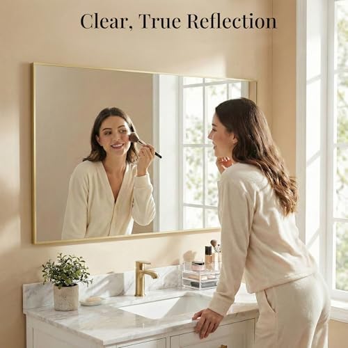 60"x30" Satin Gold Wide Bathroom Wall Mirror for Double Vanity