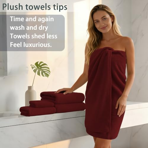 VOOVA & MOVAS Bath Towels 4PC, 100% Cotton, 30x56 in, Burgundy Red