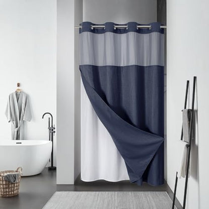 eachope No Hook Waffle Shower Curtain with Snap-in Liner, 54x80 Inch, Navy