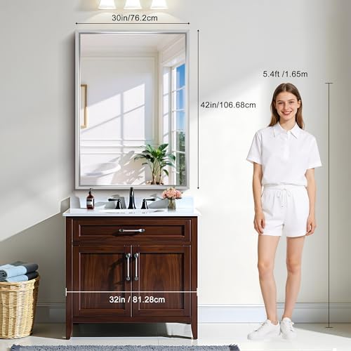 CIRCUMI 30"x42" Brushed Silver Bathroom Mirror, Rectangular Vanity Mirror