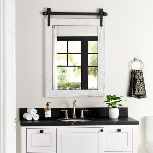 Farmhouse Bathroom Mirror for Over Sink 22”*32”, Barn Door Mirror, Rustic Wall Mirror for Bathroom White, Living Room, Entryway