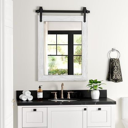 Farmhouse Bathroom Mirror for Over Sink 22”*32”, Barn Door Mirror, Rustic Wall Mirror for Bathroom White, Living Room, Entryway
