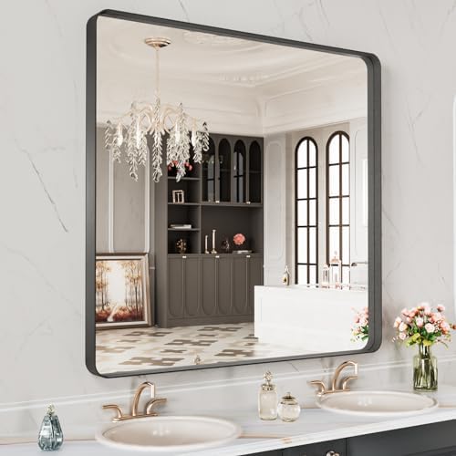 LOAAO 40X38 Inch Black Metal Framed Bathroom Mirror for Wall