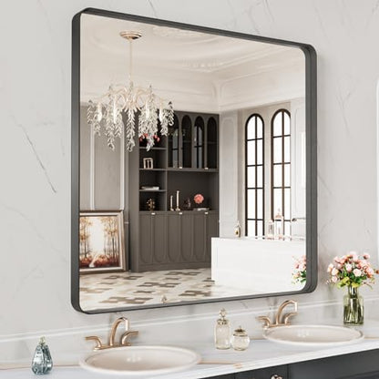 LOAAO 40X38 Inch Black Metal Framed Bathroom Mirror for Wall