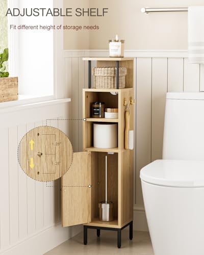 Bathroom Storage Cabinet,Small Corner Floor Cabinet with 2 Hook,Narrow Tall Toilet Paper Cabinet with Adjustable Shelves,Bathroom Organizer for Living Room,Small Spaces (Wave, Oak-37''H)