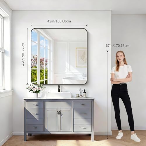 Bathroom Mirror, 42x42 inch Black Square Wall Mirror, Rounded Corner Aluminum Metal Frame Vanity Mirror, Large Wall Mounted Mirrors for Over Sink Bedroom Living Room Entryway