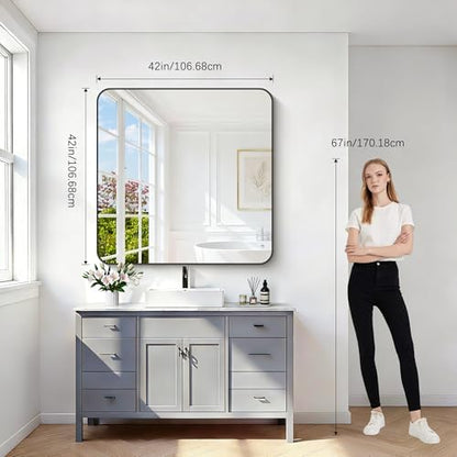 Bathroom Mirror, 42x42 inch Black Square Wall Mirror, Rounded Corner Aluminum Metal Frame Vanity Mirror, Large Wall Mounted Mirrors for Over Sink Bedroom Living Room Entryway