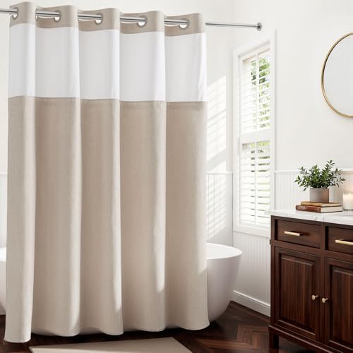 River Dream Linen Textured No Hooks Shower Curtain with Liner,Linen,71x74