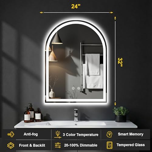 Arched LED Bathroom Mirror with Lights, 24" x 32" Lighted Vanity Mirror