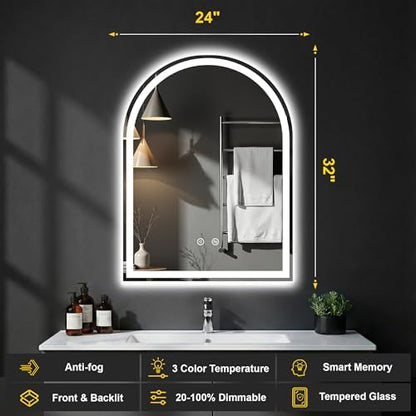 Arched LED Bathroom Mirror with Lights, 24" x 32" Lighted Vanity Mirror
