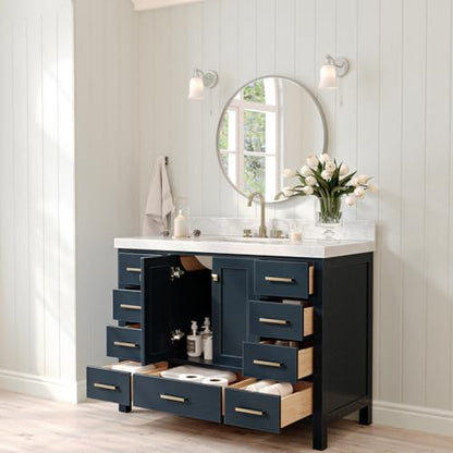 ARIEL Cambridge 48-inch Bathroom Vanity with Sink,Solid Wood, 2-inch Italian Carrara Marble Countertop, Single Rectangular Porcelain Sink, 2 Soft Closing Doors, 9 Dovetail Drawers, Midnight Blue