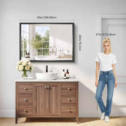 Bathroom Mirror, 42 x 30 Inch Brushed Black Rectangle Mirror, 0.6" Thickened Deep Frame Vanity Mirrors for Bathroom Sink, Shatterproof Tempered Glass, Antirust, Horizontally or Vertically
