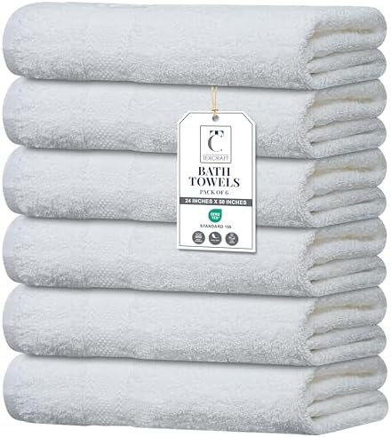 Large Bath Towels Set of 6 – 100% Cotton Terry – 24" x 50" – Quick Dry, Soft & Highly Absorbent – White Towels for Bathroom, Gym, Spa, Pool & Daily Use
