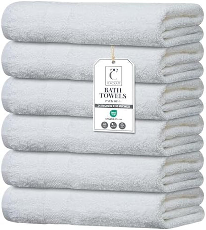 Large Bath Towels Set of 6 – 100% Cotton Terry – 24" x 50" – Quick Dry, Soft & Highly Absorbent – White Towels for Bathroom, Gym, Spa, Pool & Daily Use