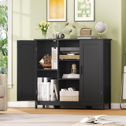 Iwell Storage Cabinet with 2 Doors and 4 Storage Shelves, Bathroom Cabinet, Cupboard for Living Room, Home Office, Entryway, Black