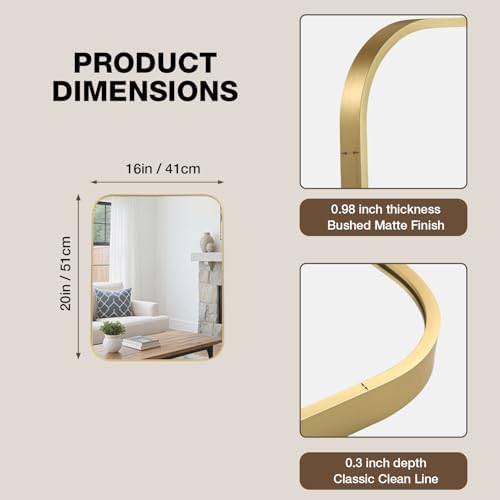 16"x20" Bathroom Mirror for Over Sink, Brushed Gold Rectangle Vanity Mirror