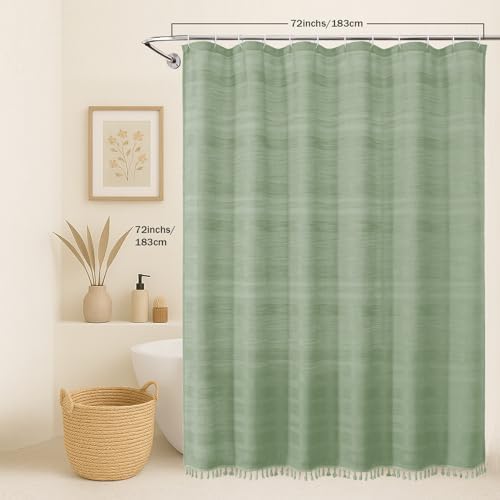 OVZME Light Green Shower Curtain for Bathroom, Boho Linen Textured Shower Curtain with Tassel, Rustic Striped Heavy Duty Vintage Country Bathroom Curtain, 72Wx72L Inches