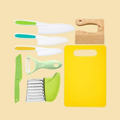 Leking 8 Pcs Wooden Kitchen Knife Set for Kids - Includes Safe Knives, Serrated Plastic Knives, Potato Slicers, Sandwich Cutter, Peeler and Cutting Board