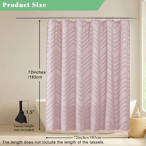 OWENIE Boho Shower Curtain, Blush Pink Fabric Cloth Shower Curtains Farmhouse Tufted Chevron Striped Textured with Tassel for Bathroom, Soft Hotel Style Modern Minimalist, Machine Washable, 72x72