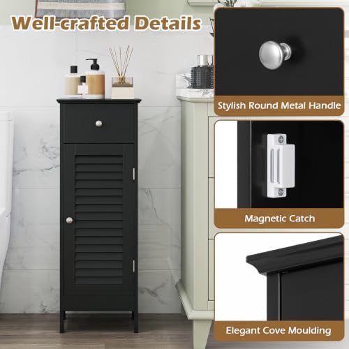 GIANTEX Bathroom Floor Storage Cabinet with Louvered Door and Drawer, Black
