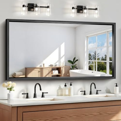 Bathroom Mirror, 30 x 55 Inch Brushed Black Rectangle Mirror, 0.6" Thickened Deep Metal Frame Mirrors for Wall Over Sink, Shatterproof Tempered Glass, Antirust, Horizontally or Vertically