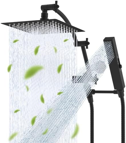 Hibbent All Metal CUPC Certified 8'' Rainfall Shower Head, Dual Shower Head Combo, High Pressure Handheld 4 Sprays Shower Wand, 16'' Adjustable Extension Arm, 71'' Hose, Shower Holder, Matte Black