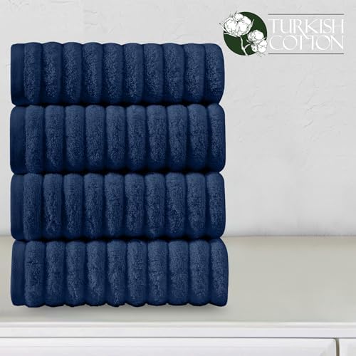 Elegant Comfort Luxury 100% Turkish Cotton Corduroy Ribbed 4 Pack Hand Towel Set 16 x 28 Inch - Absorbent, Super Soft, Quick Dry, Premium Towels for Bathroom, Gym, Spa and Hotel Use, Navy