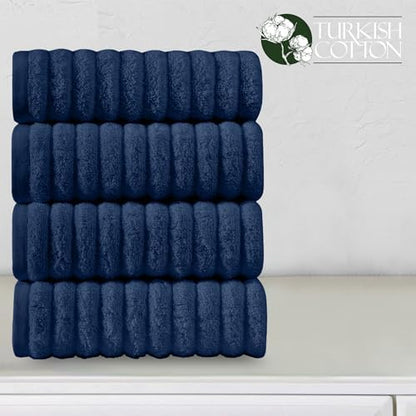 Elegant Comfort Luxury 100% Turkish Cotton Corduroy Ribbed 4 Pack Hand Towel Set 16 x 28 Inch - Absorbent, Super Soft, Quick Dry, Premium Towels for Bathroom, Gym, Spa and Hotel Use, Navy