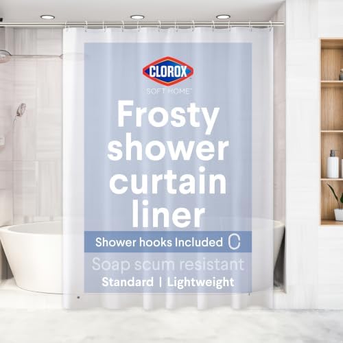 Clorox Shower Curtain Liner & Hooks, Premium Lightweight Flexible Waterproof 4g PEVA for Bathroom with Weighted Magnets, Standard Size 70" x 72", Frosty 1 Pack