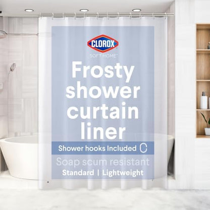 Clorox Shower Curtain Liner & Hooks, Premium Lightweight Flexible Waterproof 4g PEVA for Bathroom with Weighted Magnets, Standard Size 70" x 72", Frosty 1 Pack