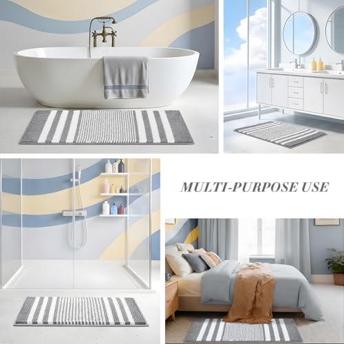 BSICPRO Large Bathroom Rugs Runner, 20x47 Chenille Bath Mats, Light Grey