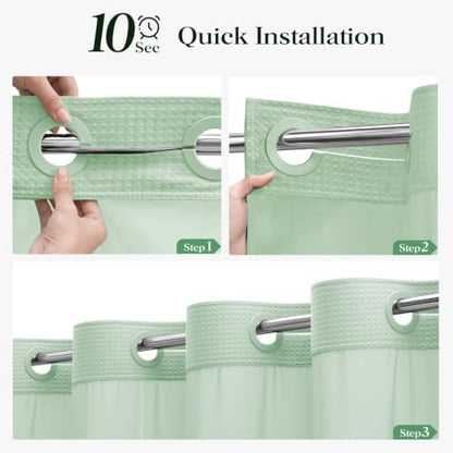 Dynamene Mint Green Hook Free Waffle Shower Curtain & Snap-in Liner,72x81