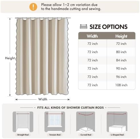 ANRODUO Cream Beige Scalloped Linen Textured Shower Curtain, W72 x L90