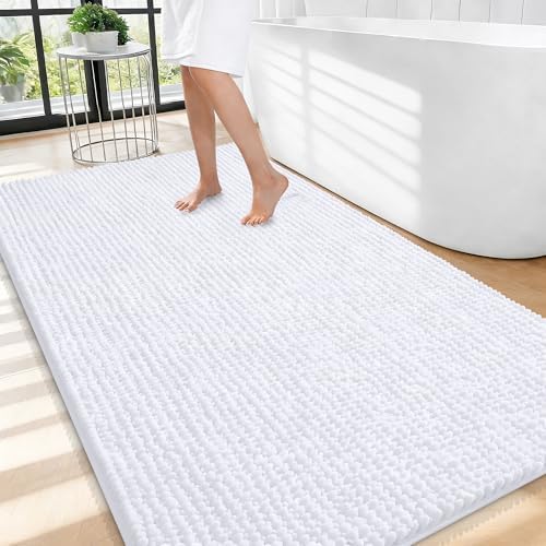 OLANLY Thick Chenille Large Bathroom Rugs 44x32, Absorbent Bath Mat, White