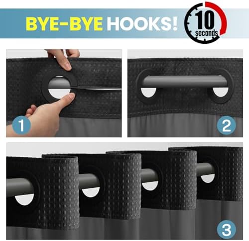 SORTTO No Hook Waffle Shower Curtain with Snap in Liner Set, 71x80, Black