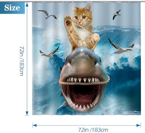 Aimego Funny Cat Shower Curtains - Cute Cool Cat Riding Shark Ocean Wave Fun Bath Shower Curtain Set with 12 Hooks for Adults Kids Bathroom Decor Accessories, 72"x72"