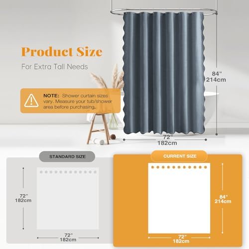 BTTN Boho Scalloped Linen Textured Cloth Shower Curtain, 72x84, Blue Grey