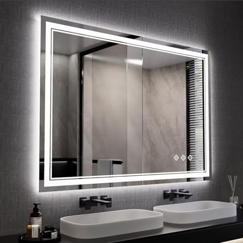 Bathroom Mirror, 44x30 Inch Gradient Front and Backlit Smart Mirror, 3 Colors Dimmable CRI>90 Double Lights, IP54 Enhanced Anti-Fog, Hanging Plates Wall Mount LED Mirror